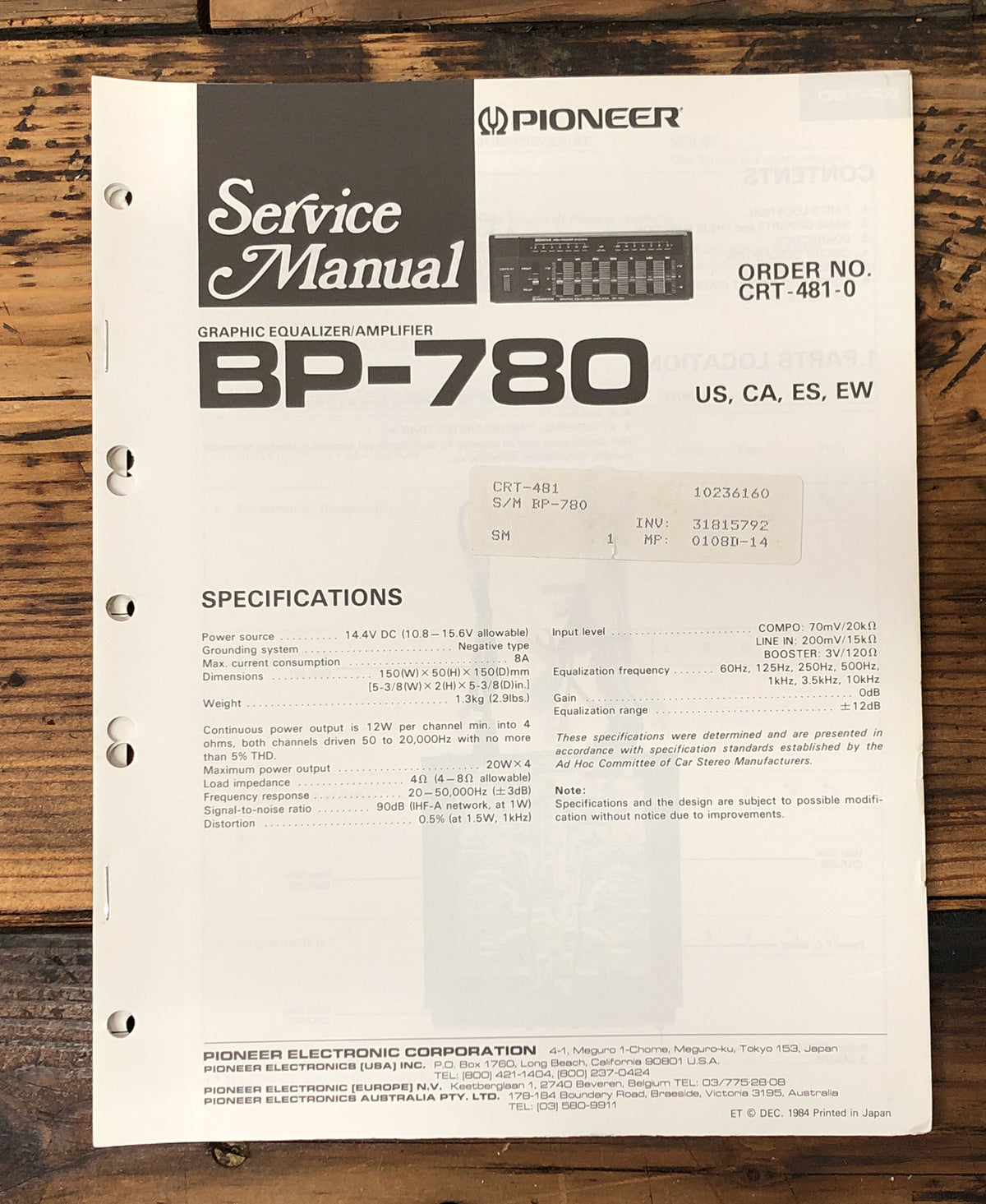 Pioneer BP-780 Amplifier  Service Manual *Original*