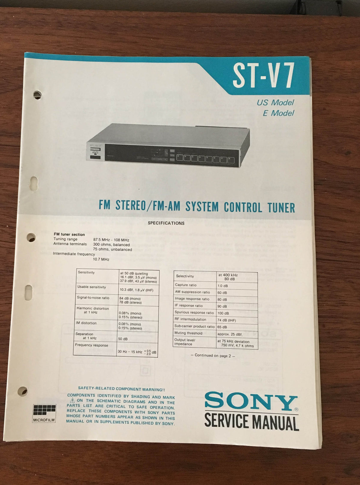 Sony ST-V7 Tuner Service Manual *Original*