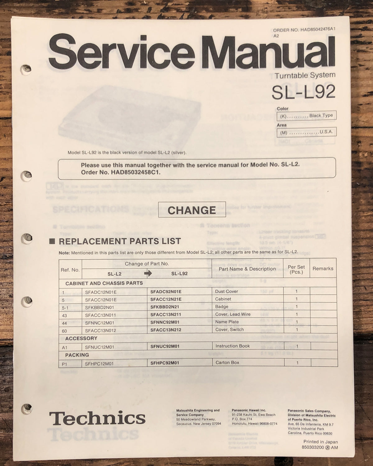 Technics / Panasonic SL-L92 Turntable Changes Service Manual *Original*