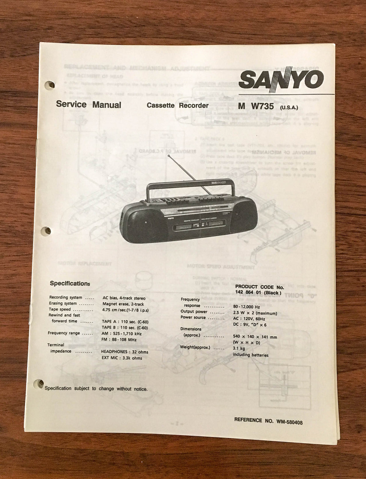 Sanyo M W735 Boombox / Radio Cassette Service Manual *Original*