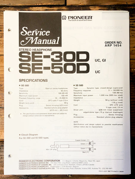 Pioneer SE-30D SE-50D Headphones  Service Manual *Original*