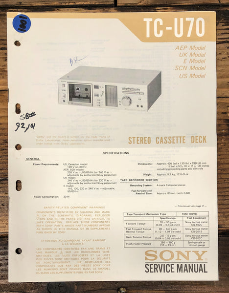Sony TC-U70 Receiver Service Manual *Original*