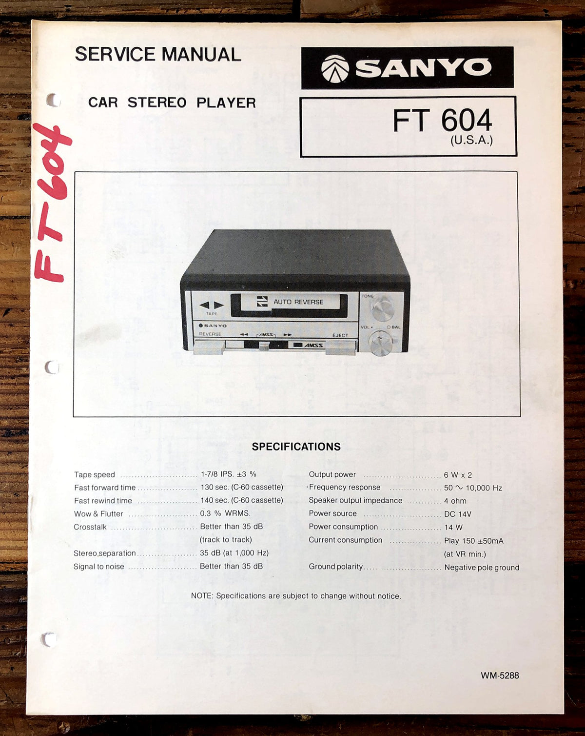 Sanyo FT 604 Car Stereo Player Service Manual *Original*
