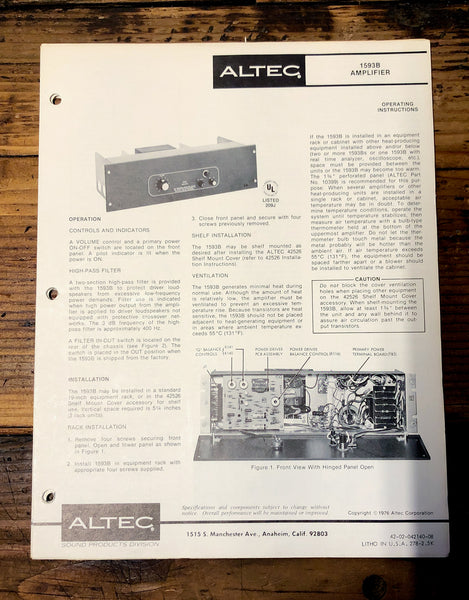 Altec Model 1593B Amplifier  Owners Manual & Schematic *Orig*