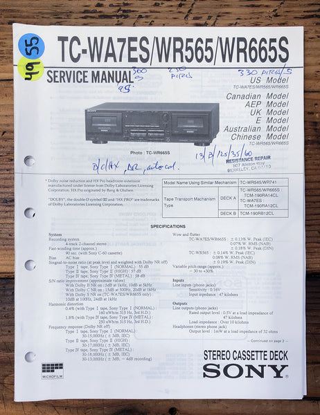 Sony TC-WA7ES TC-WR565 TC-WR665S Cassette  Service Manual *Original*