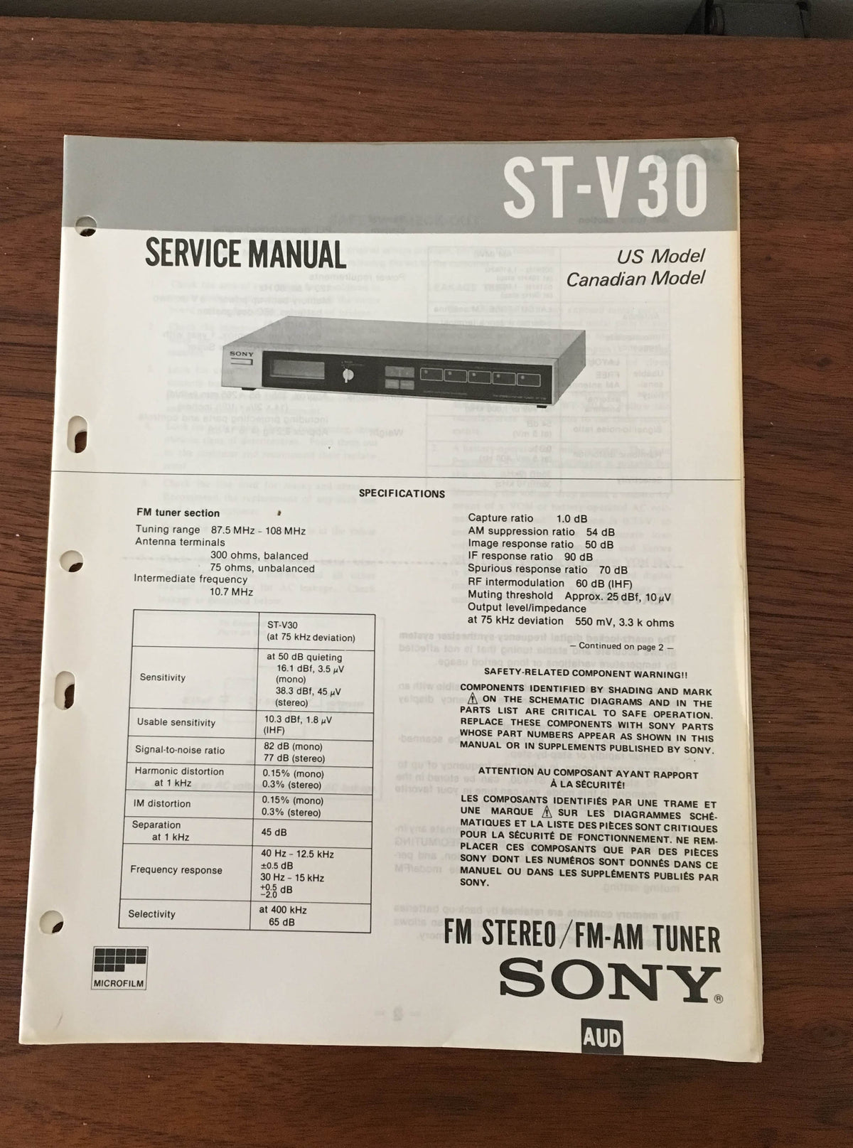 Sony ST-V30 Tuner Service Manual *Original*