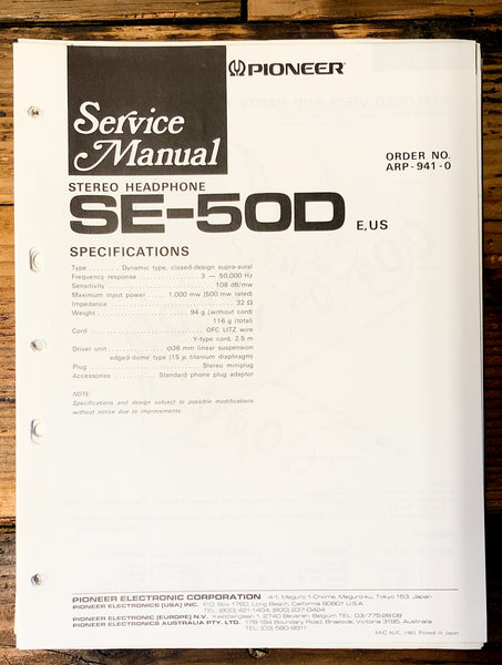 Pioneer SE-50D Headphones  Service Manual *Original*