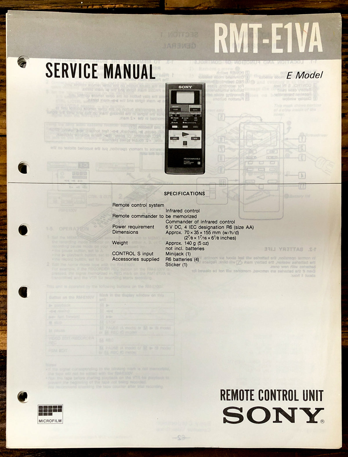 Sony RM-E1VA Remote Control  Service Manual *Original*
