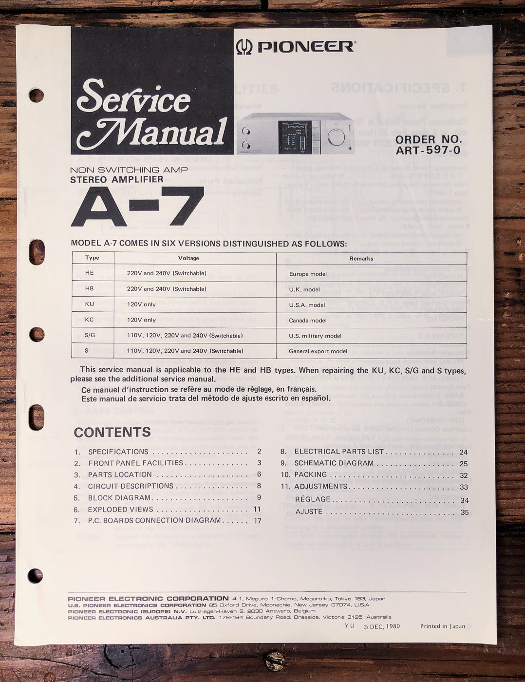 Pioneer A-7 Amplifier Service Manual *Original*