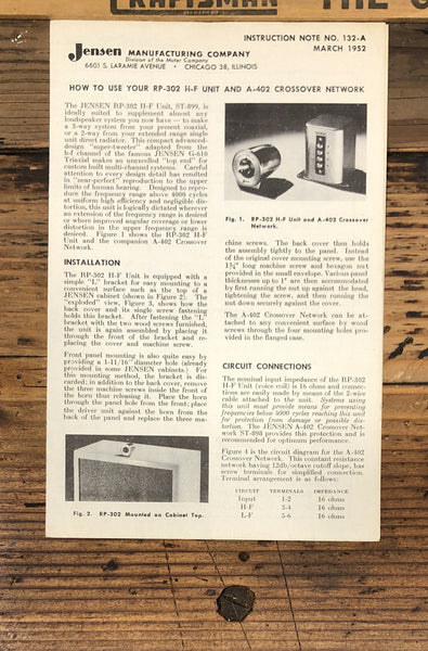 Jensen RP-302 A-402 Speaker  Owners / User Manual *Original*