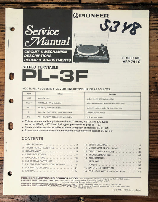 Pioneer PL-3F Turntable Service Manual *Original*