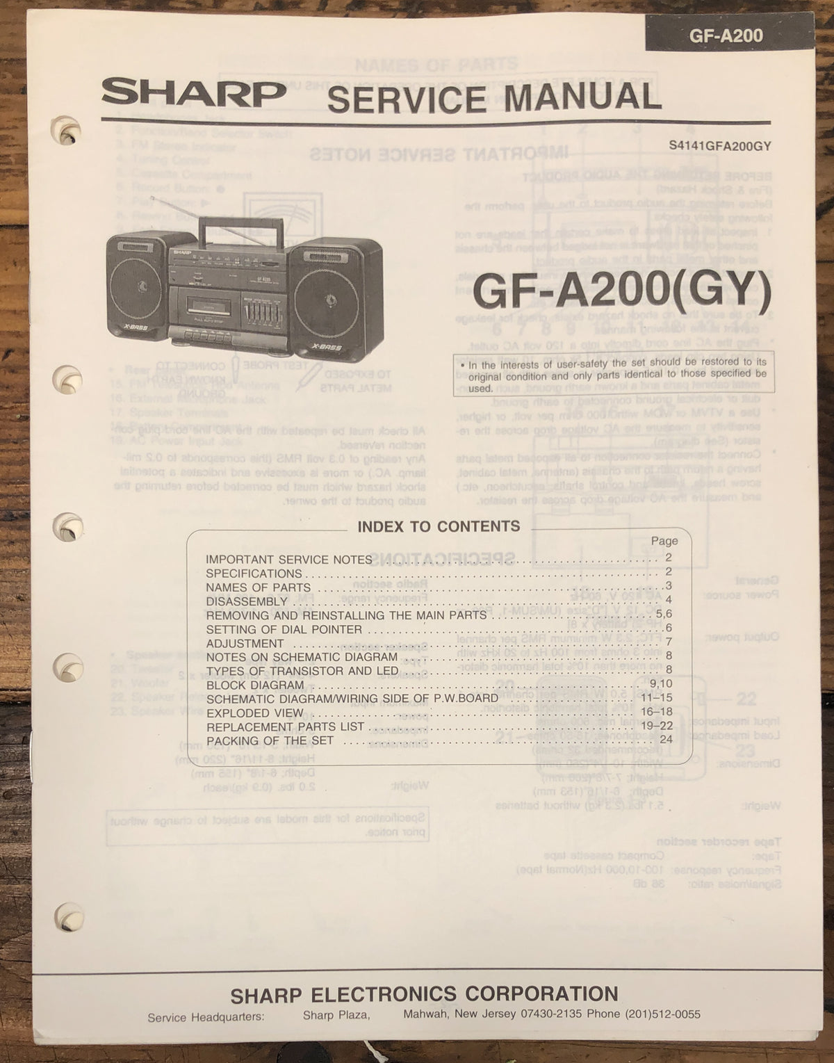 Sharp GF-A200 Boombox / Stereo  Service Manual *Original*