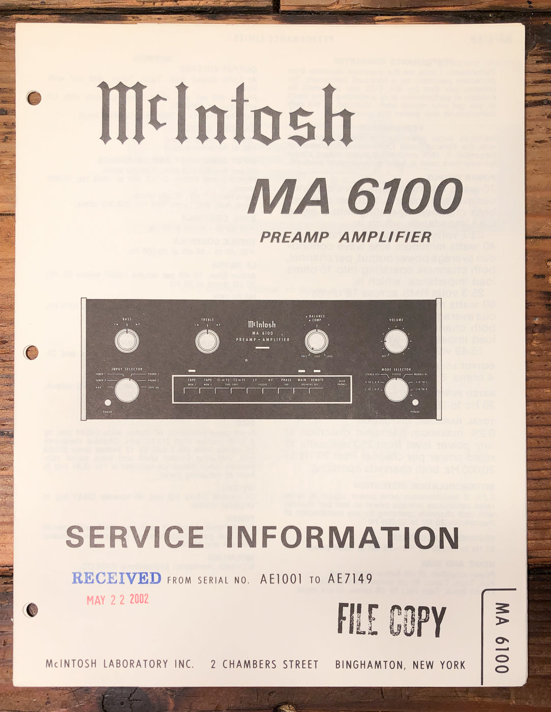 McIntosh MA6100 MA-6100 Amplifier AE1001-AE7149 Service Manual *Original*