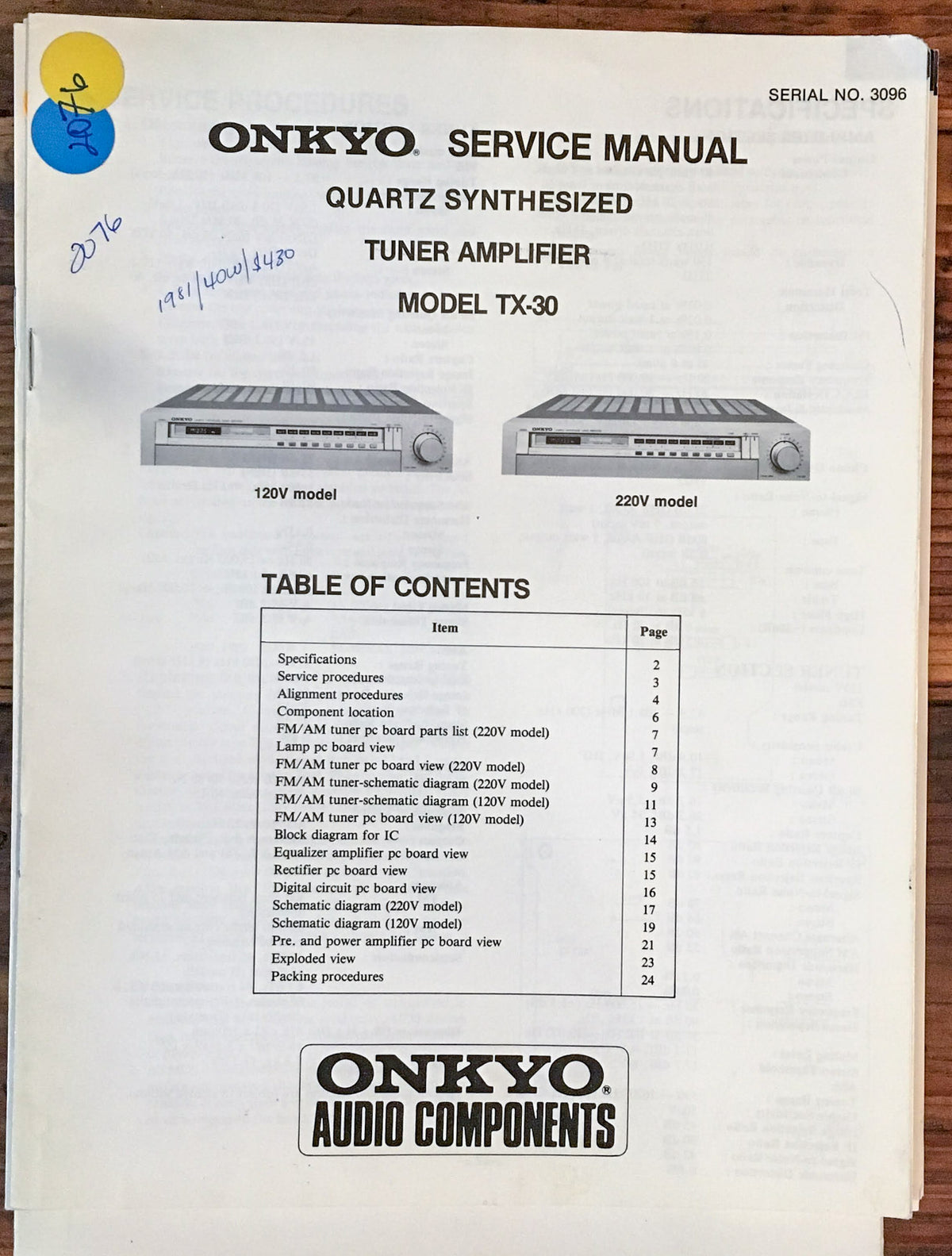 Onkyo TX-30 Receiver  Service Manual *Original*