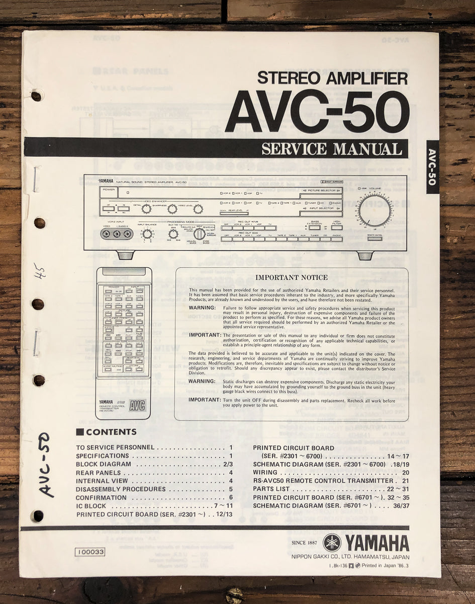 Yamaha AVC-50 Amplifier Service Manual *Original*