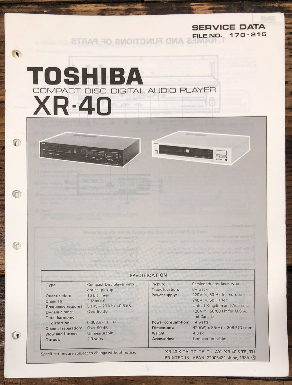Toshiba XR-40 CD Player  Service Manual *Original*