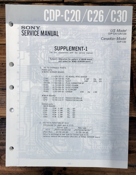 Sony CDP-C20 CDP-C26 CDP-C30 CD Player Supp. Service Manual *Original*