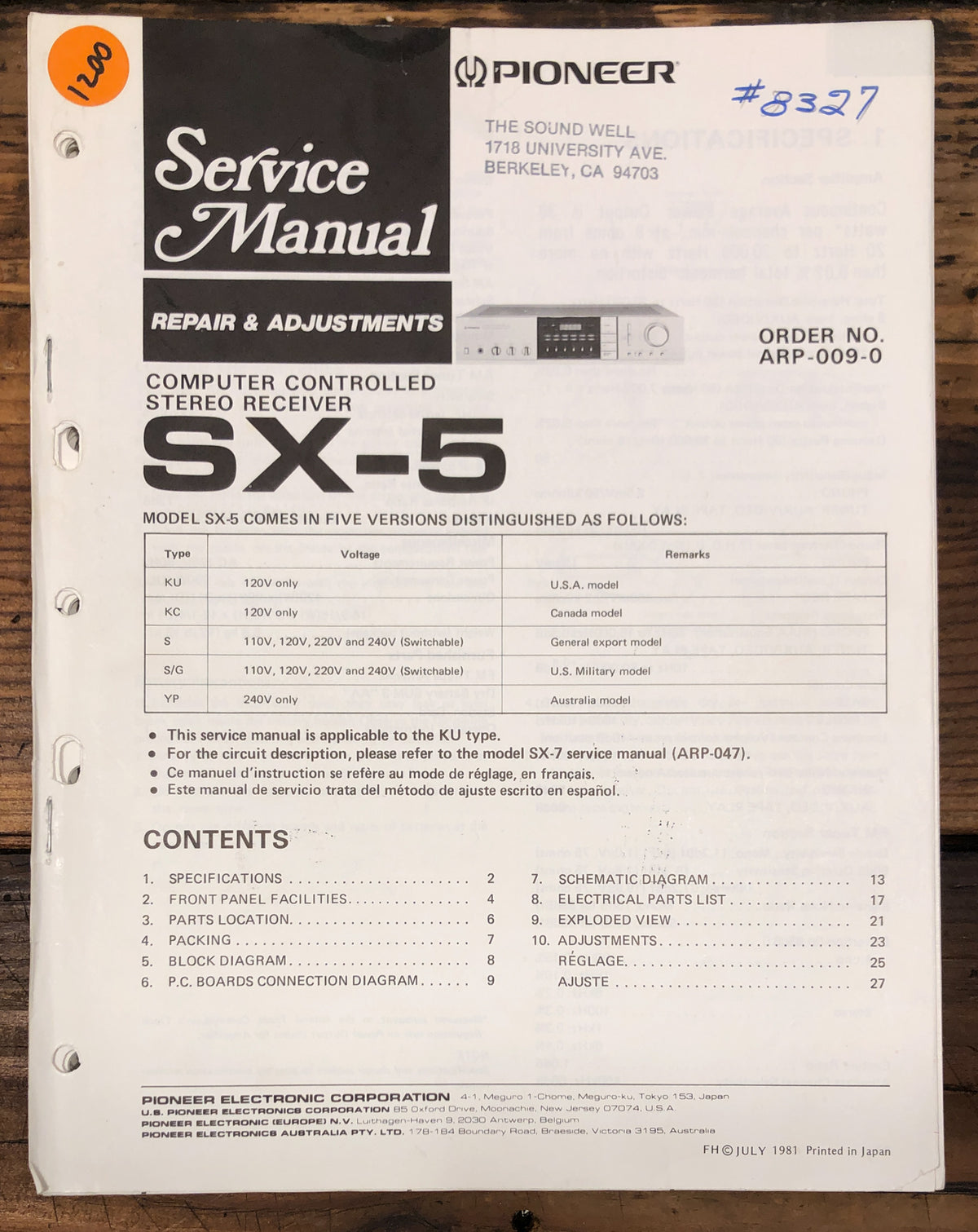 Pioneer SX-5 Receiver  Service Manual *Original*