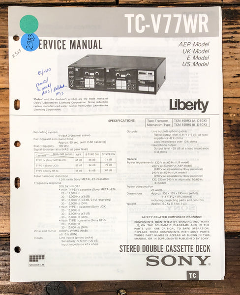 Sony TC-V77WR Cassette Service Manual *Original*