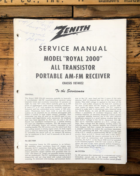 Zenith Royal 2000 Portable Radio  Service Manual *Original*