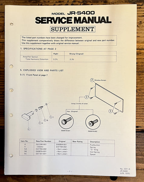 JVC JR-S400 Receiver Supp. Service Manual *Original*