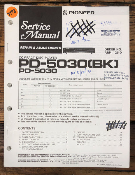 Pioneer PD-5030 CD Player  Service Manual *Original*