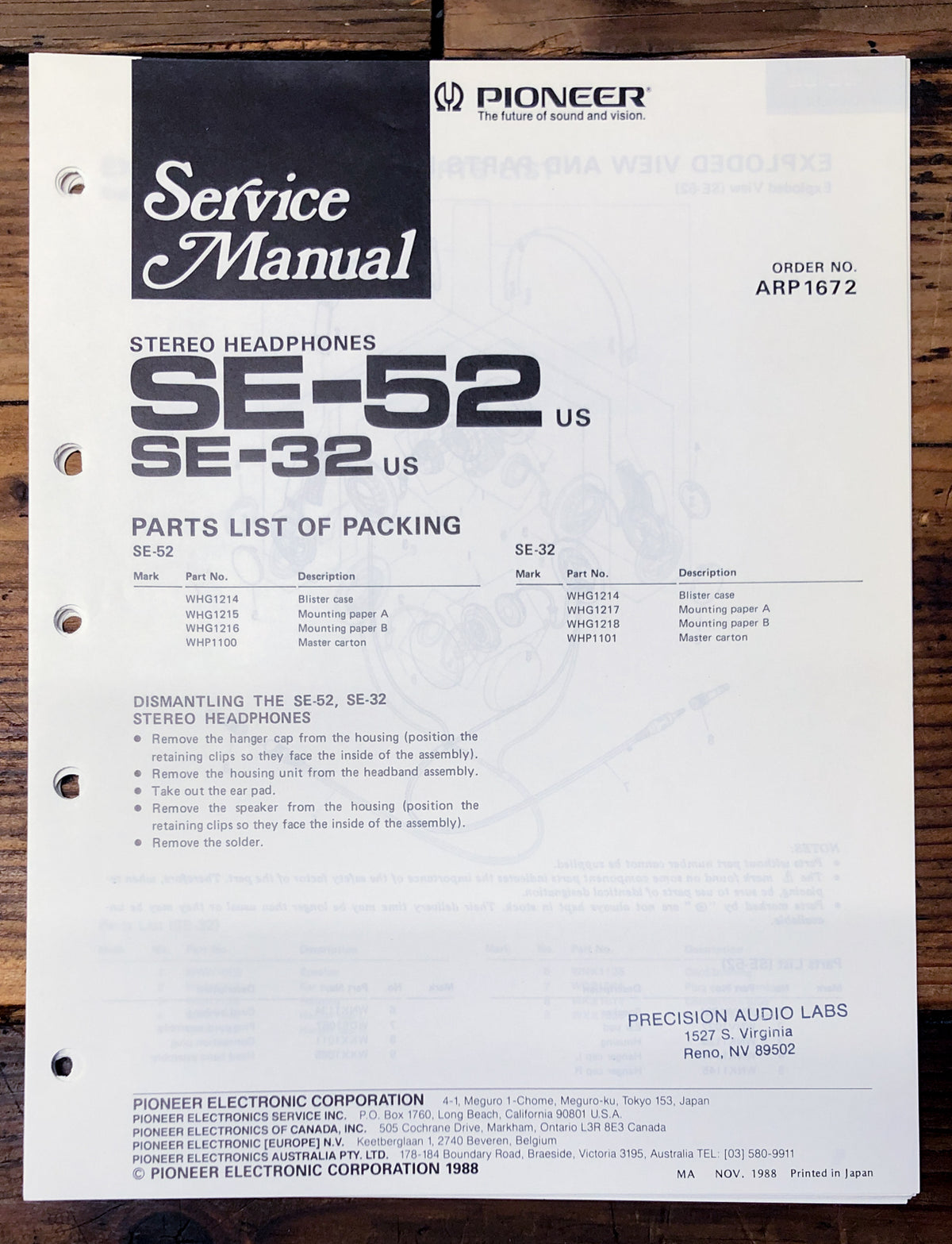 Pioneer SE-32 SE-52 Headphones  Service Manual *Original*