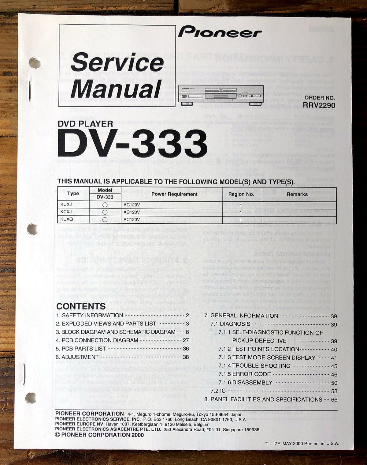 Pioneer DV-333 DVD Player Service Manual *Original*