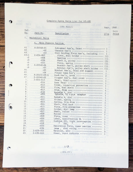 Sony HP-480 Stereo Parts List Manual *Original*