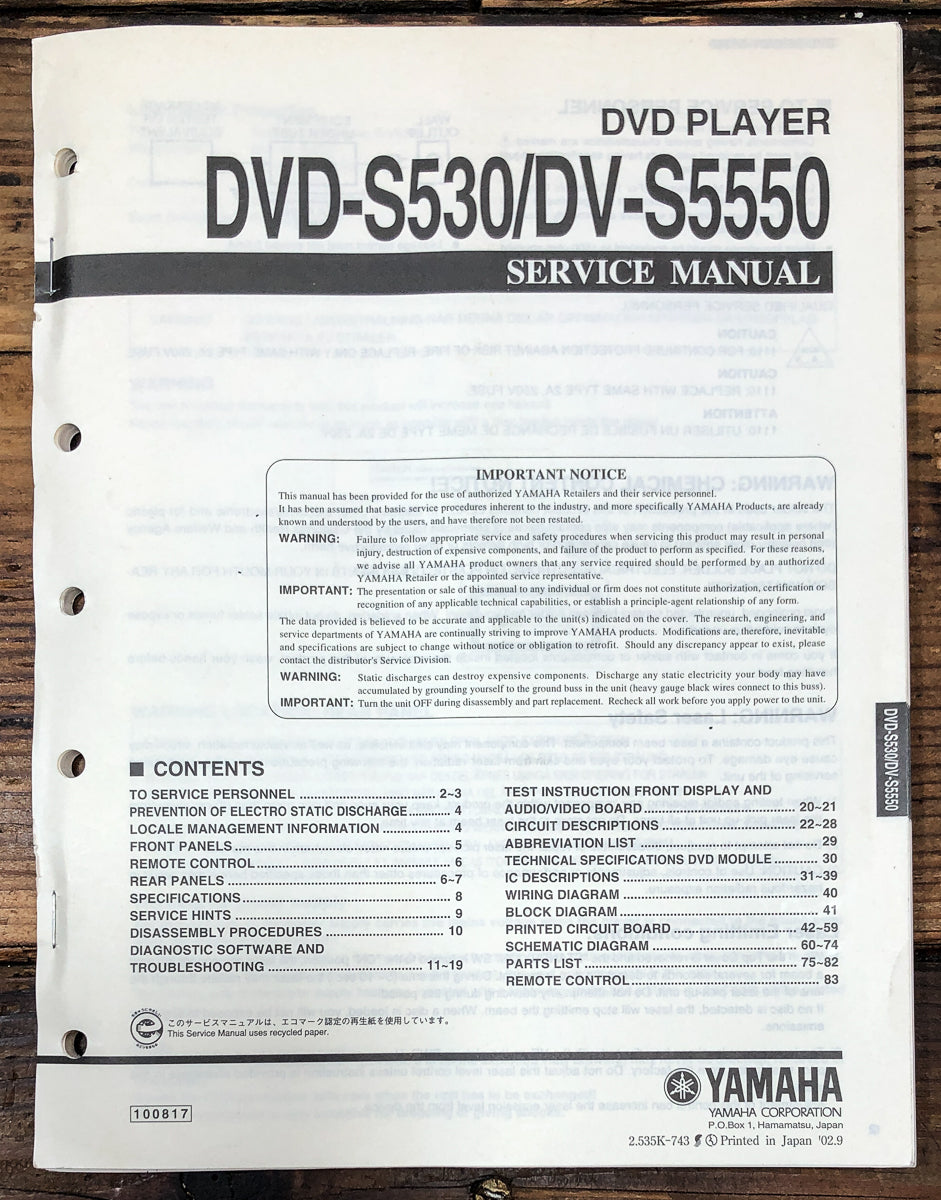 Yamaha DVD-S530 DV-S5550 DVD Player Service Manual *Original*