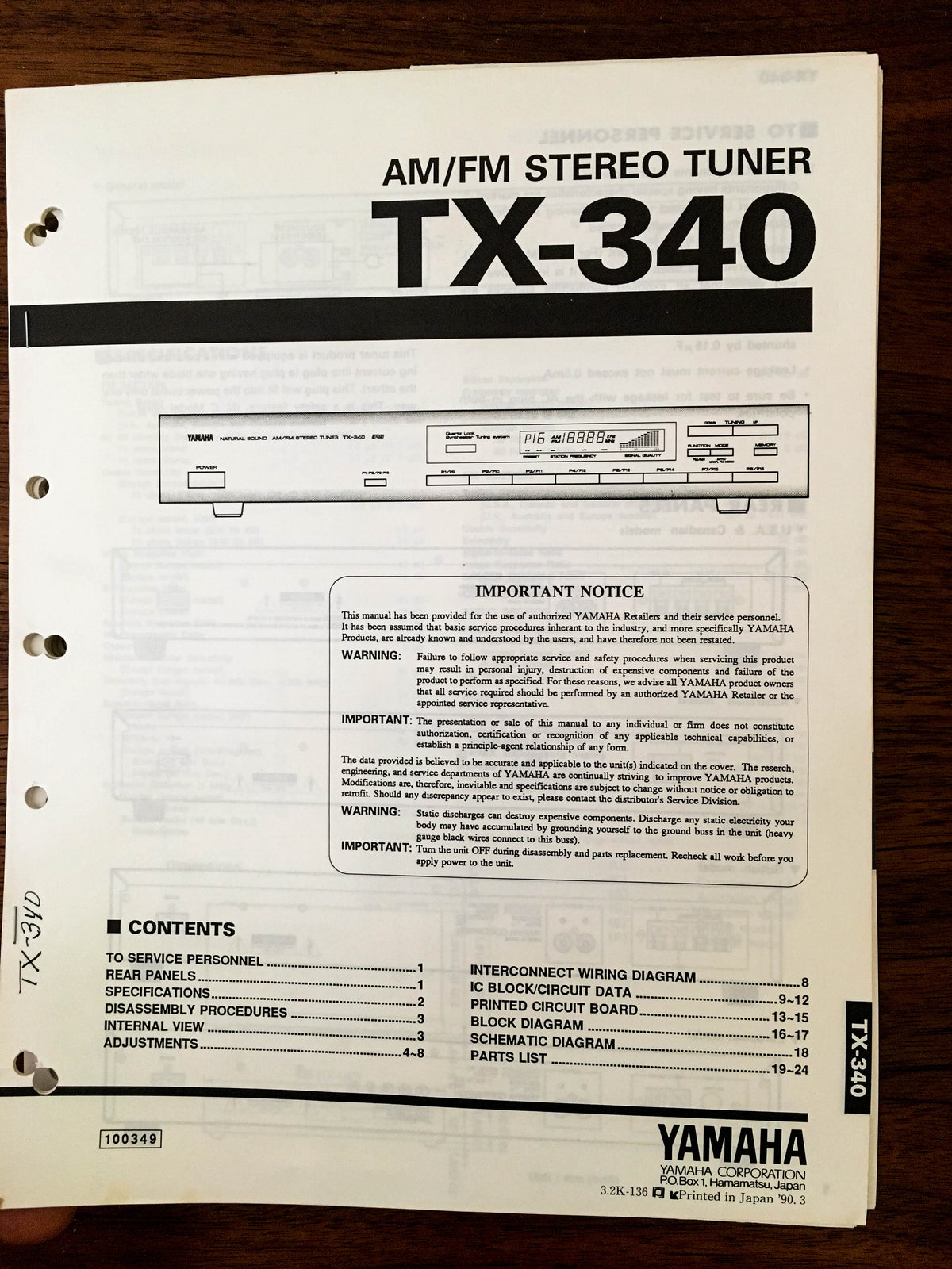 Yamaha TX-340 TUNER Service Manual *Original*