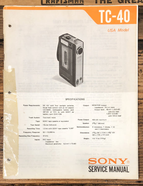 Sony TC-40 Cassette  Service Manual *Original*