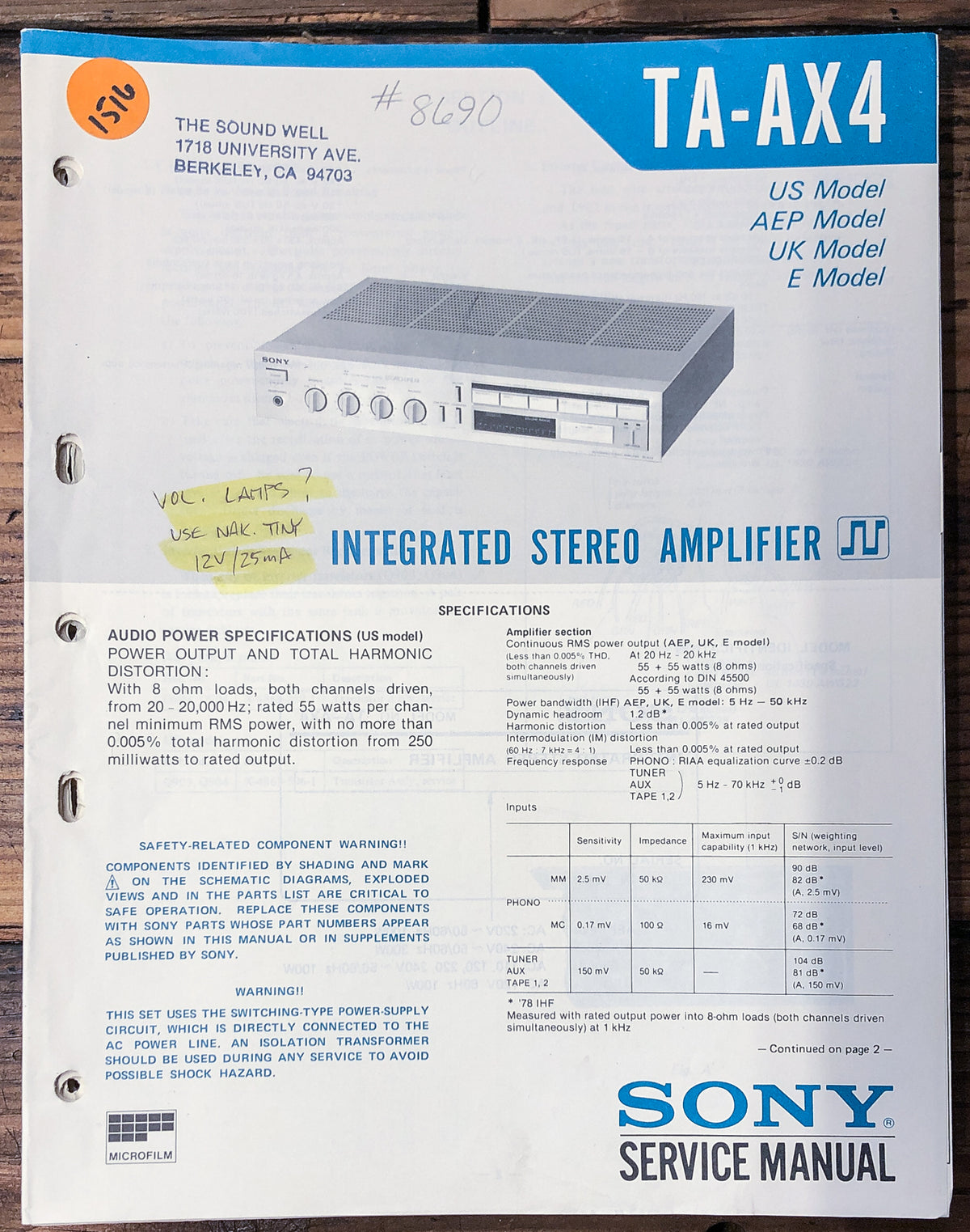 Sony TA-AX4 Amplifier  Service Manual *Original*