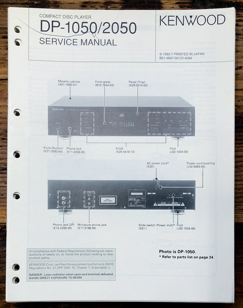 Kenwood DP-1050 DP-2050 CD Player  Service Manual *Original*