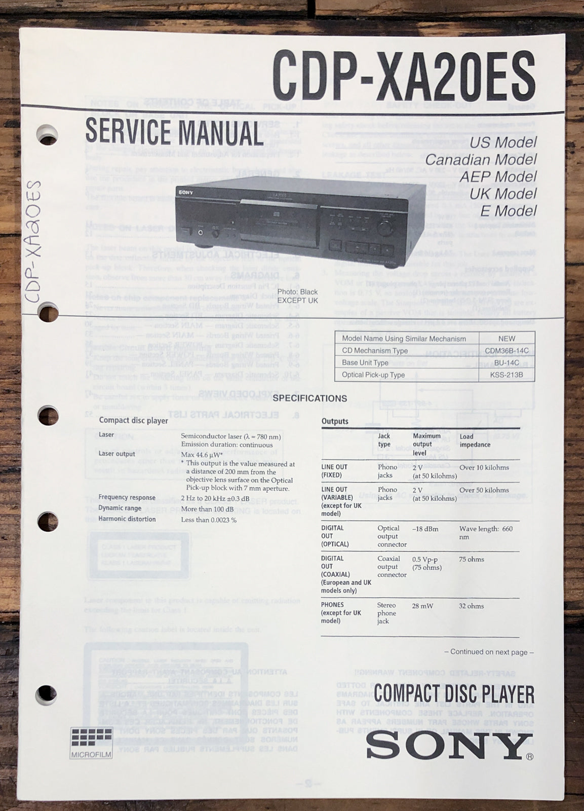 Sony CDP-XA20ES CD Player  Service Manual *Original*