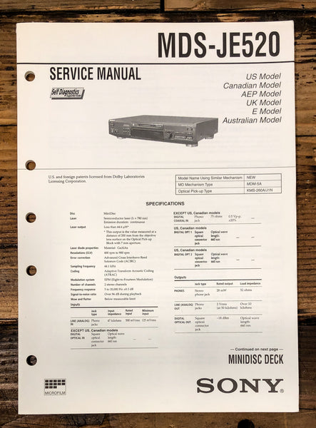 Sony MDS-JE520 MD Player Service Manual *Original*