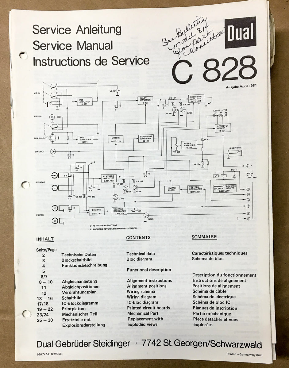 Dual C 828 C828 Cassette Service Manual *Original*