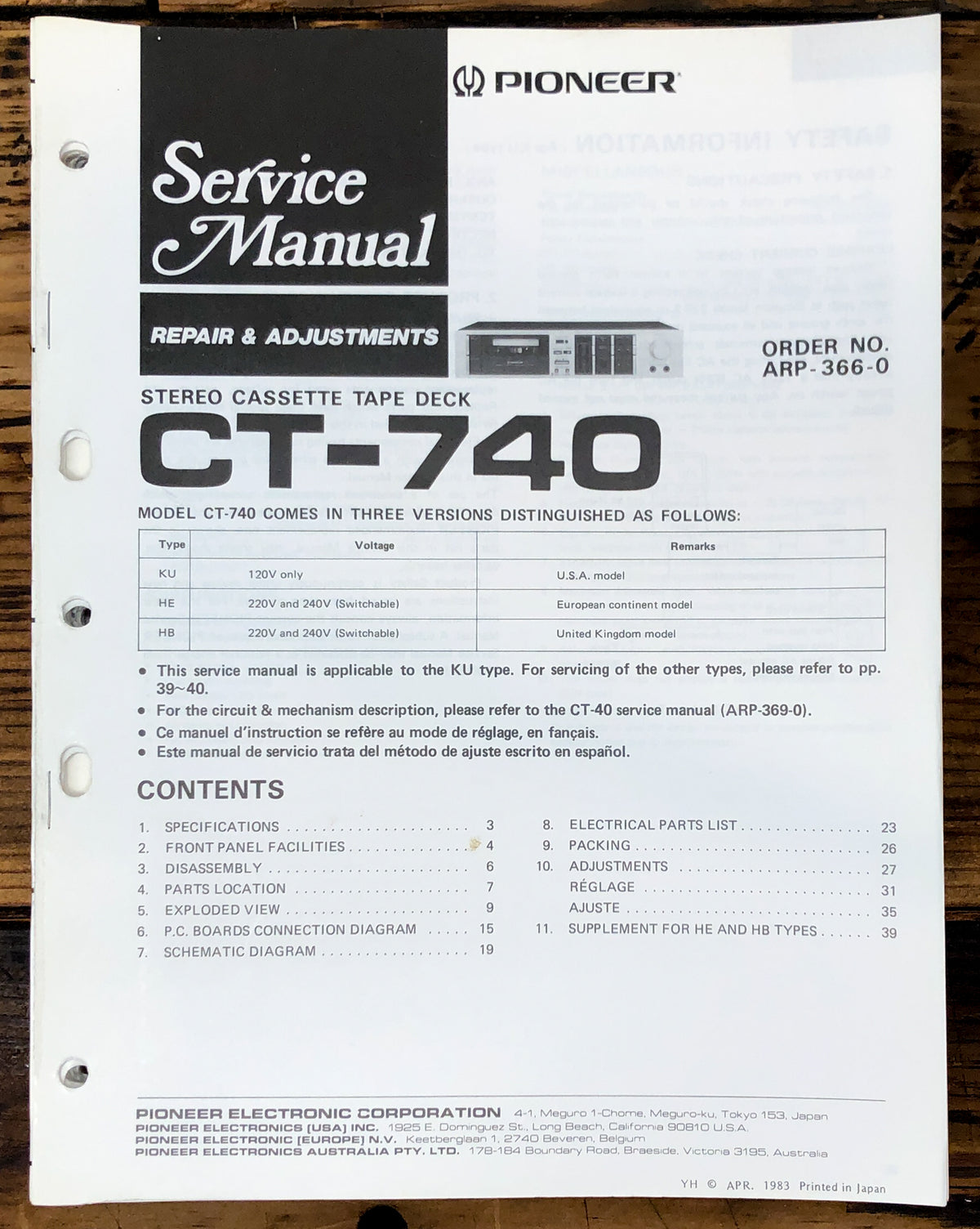 Pioneer CT-740 Cassette Service Manual *Original*