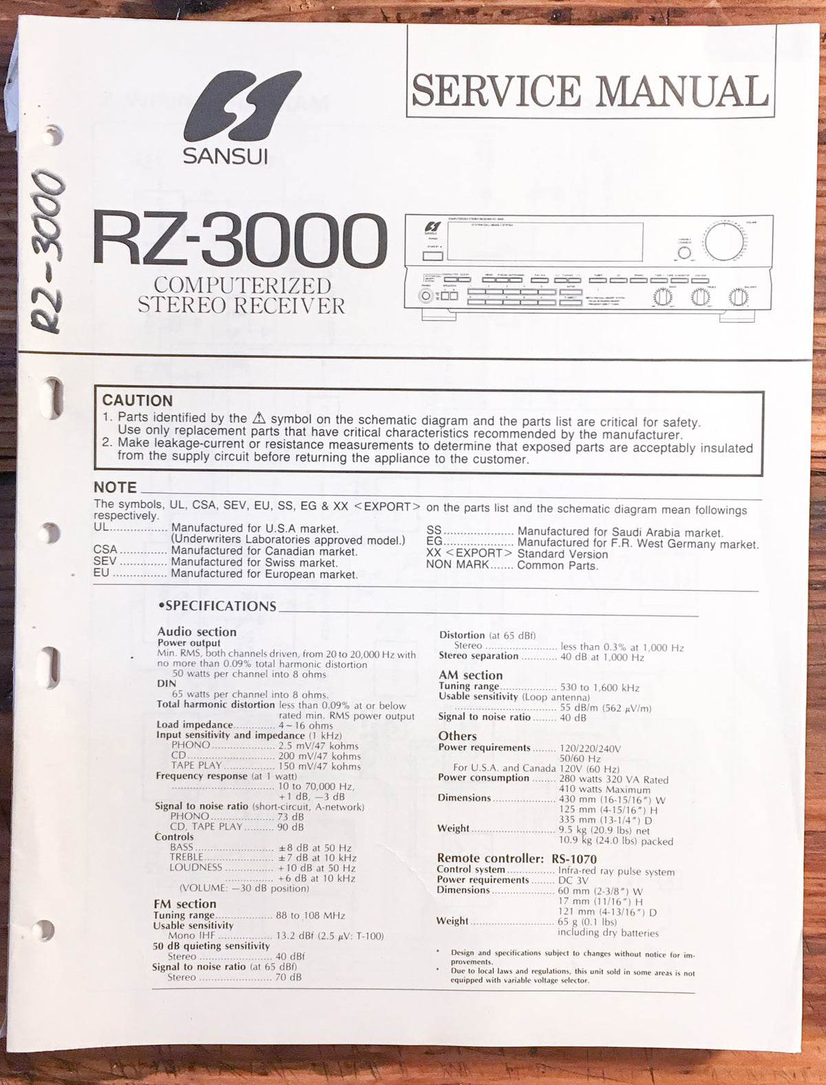 Sansui RZ-3000 Receiver  Service Manual *Original*