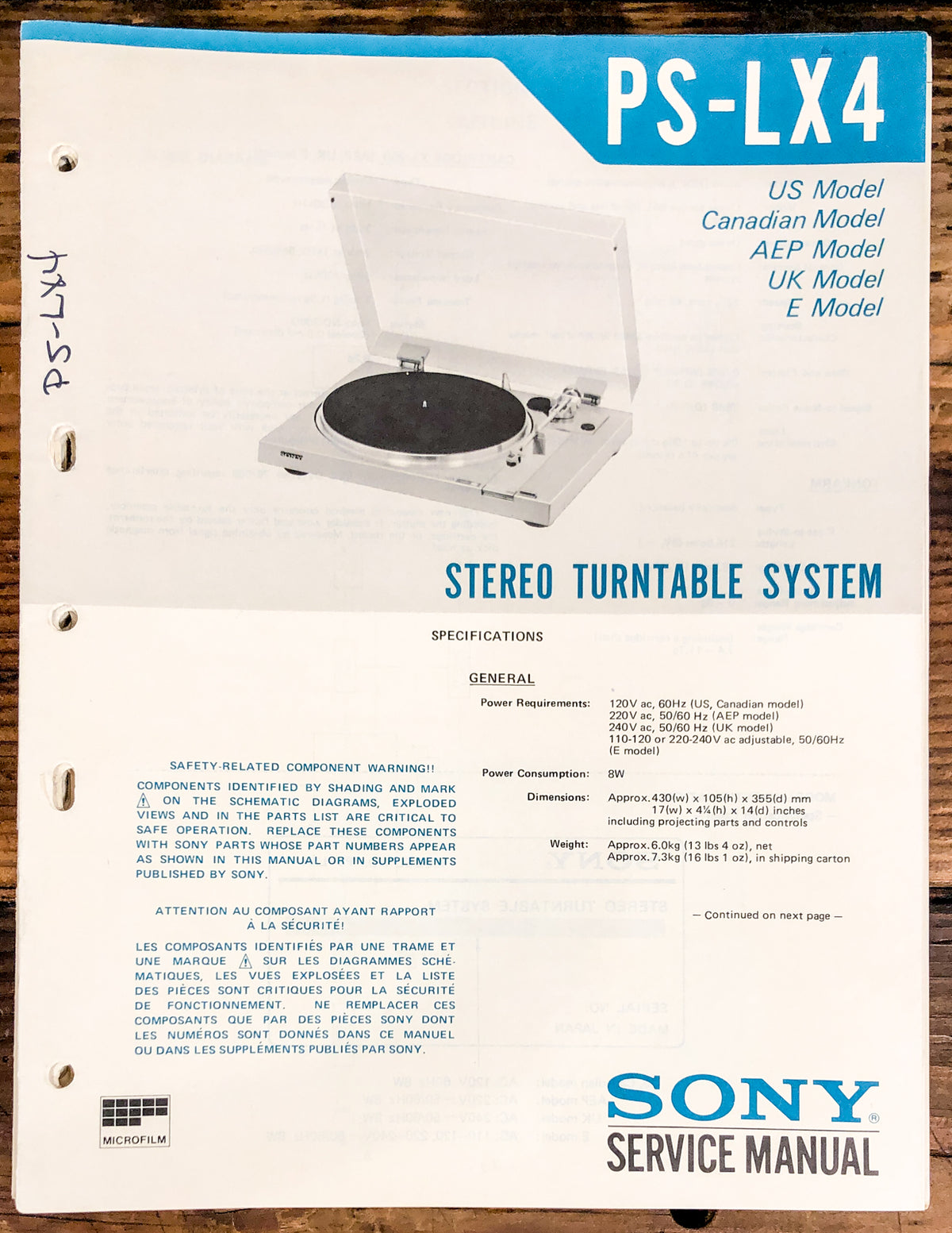 Sony PS-LX4 Record Player / Turntable  Service Manual *Original*