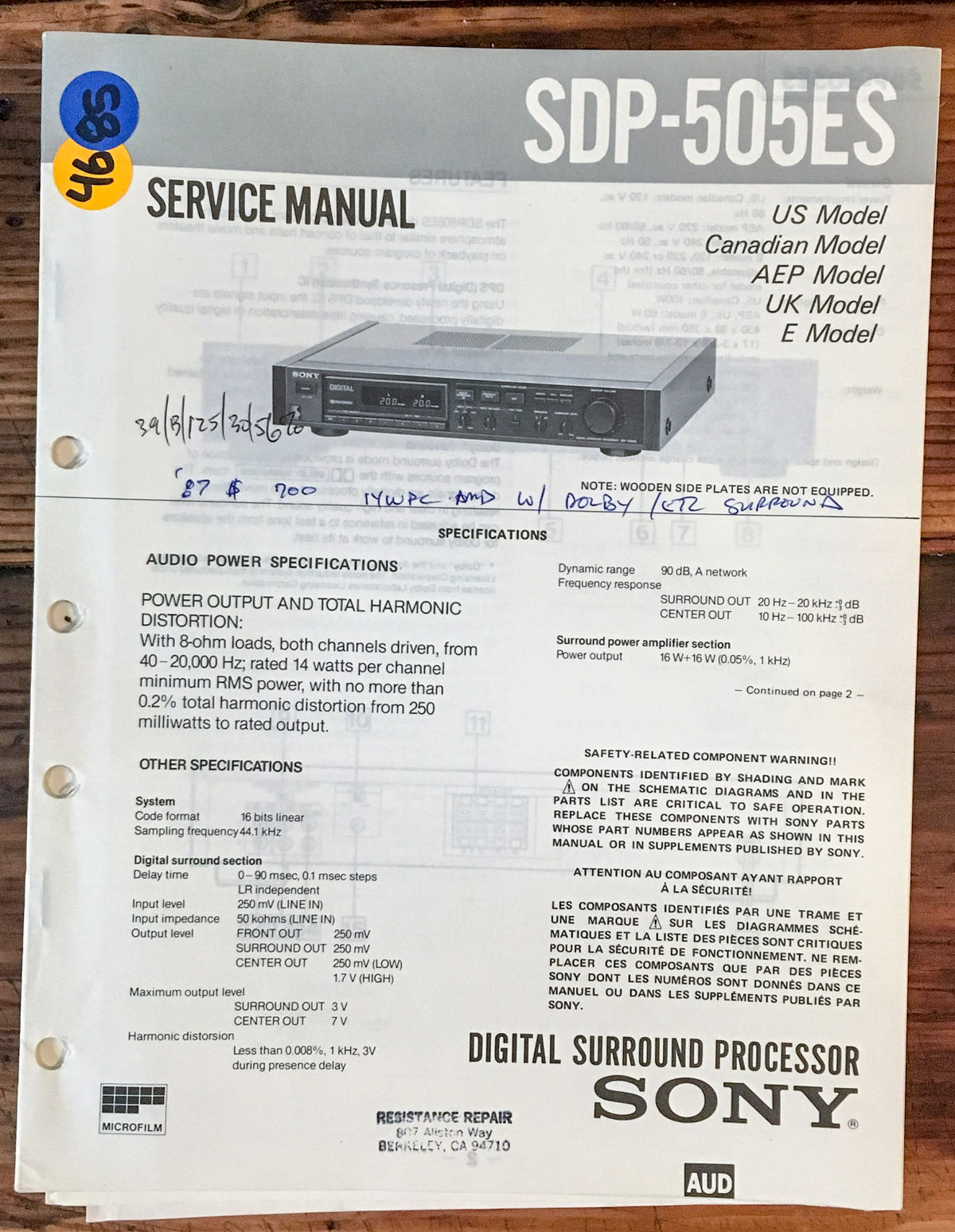 Sony SDP-505ES Surround Processor  Service Manual *Original*
