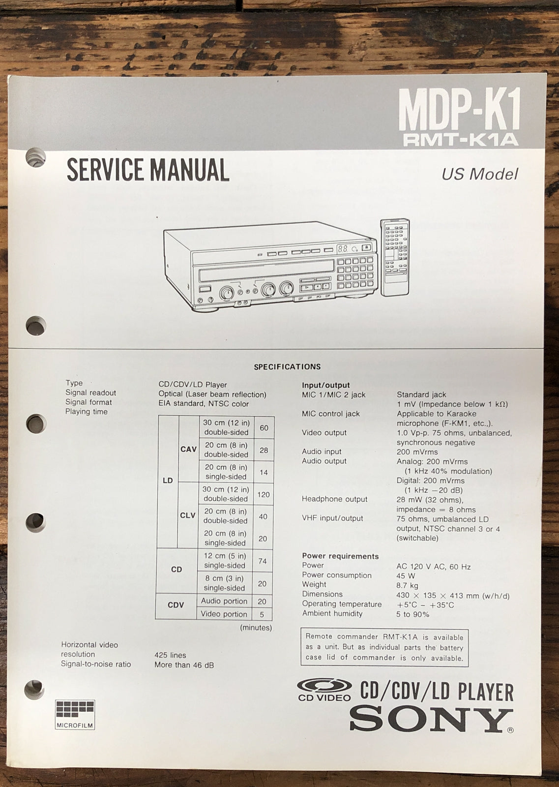 Sony MDP-K1 CD CDV LD Player  Service Manual *Original*