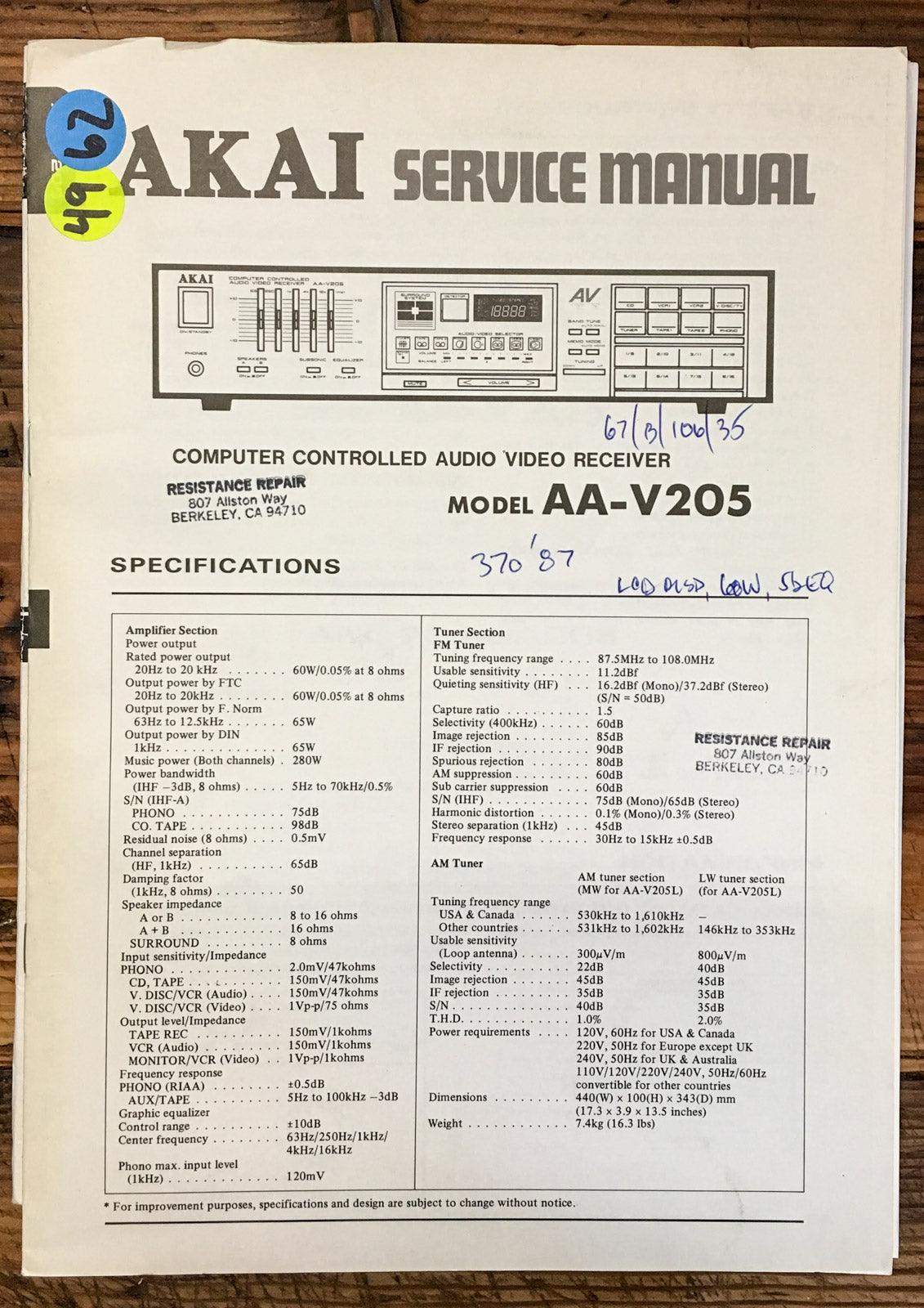 Akai AA-V205 Receiver  Service Manual *Original*