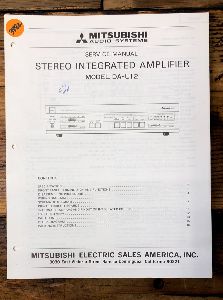 Mitsubishi DA-U12 Amplifier  Service Manual *Original*