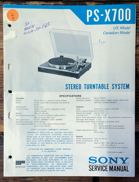 Sony PS-X700 Record Player / Turntable  Service Manual *Original*