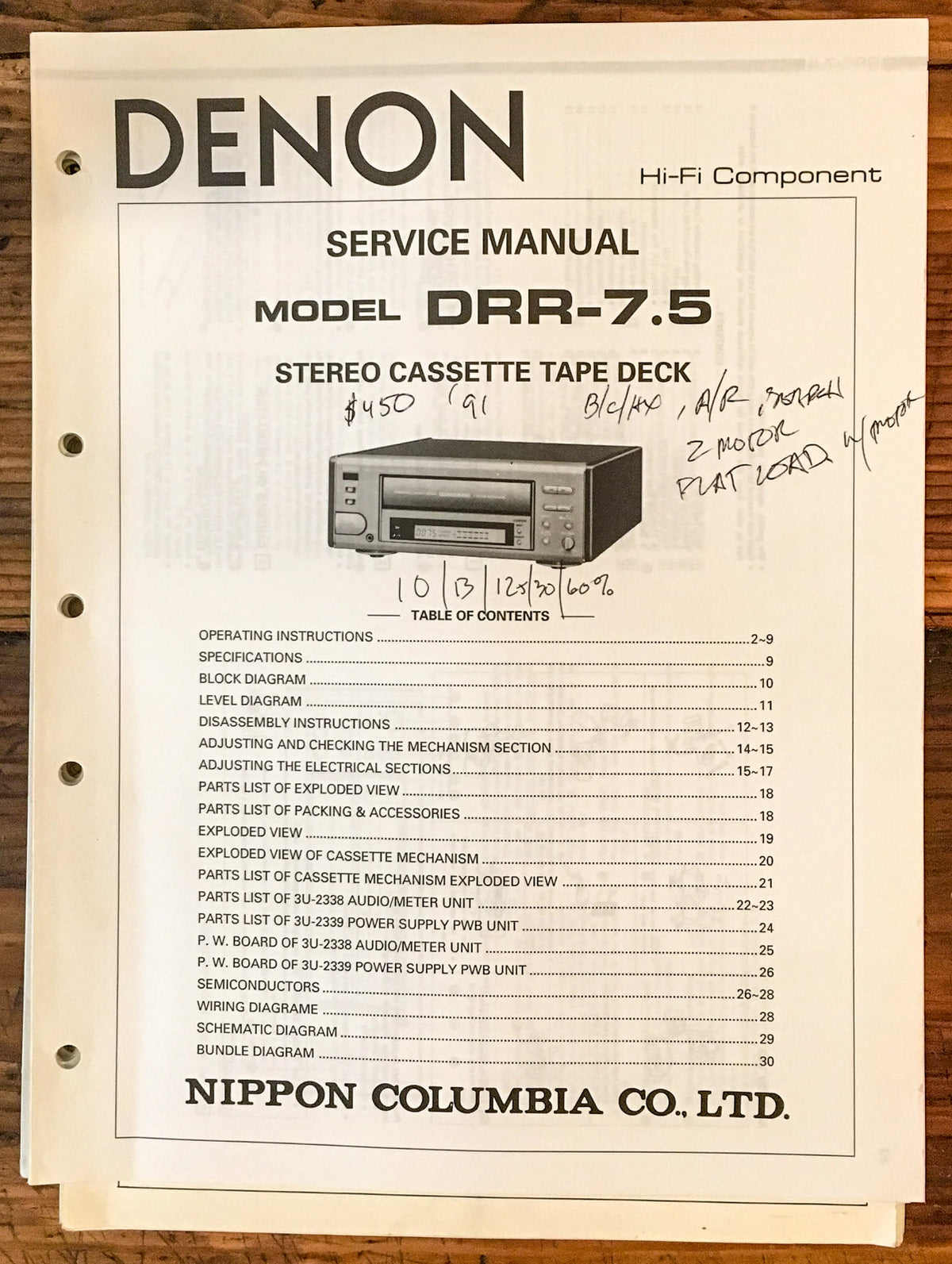 Denon DRR-7.5 Cassette Deck  Service Manual *Original*