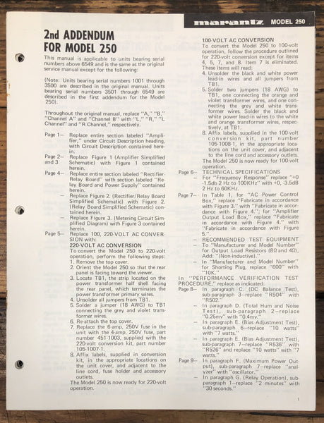 Marantz Model 250 Amplifier 2nd Addendum Service Manual *Original*