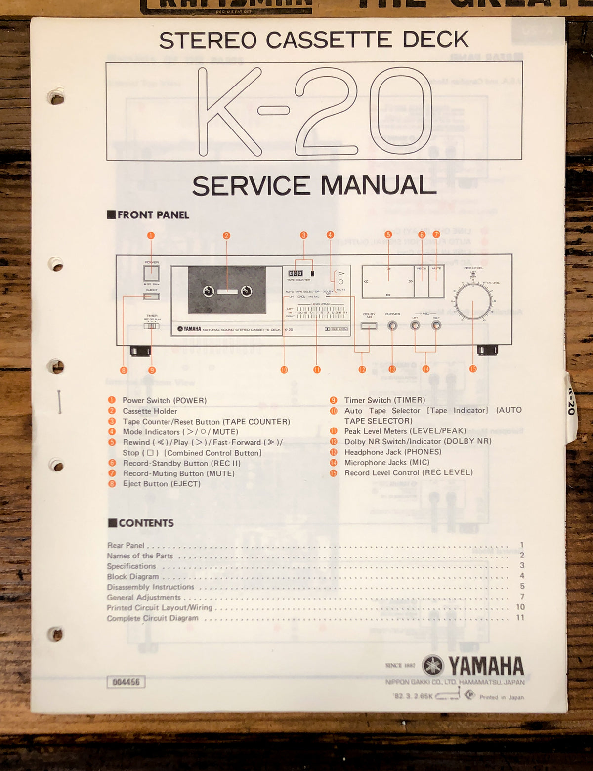 Yamaha K-20 Cassette  Service Manual *Original*