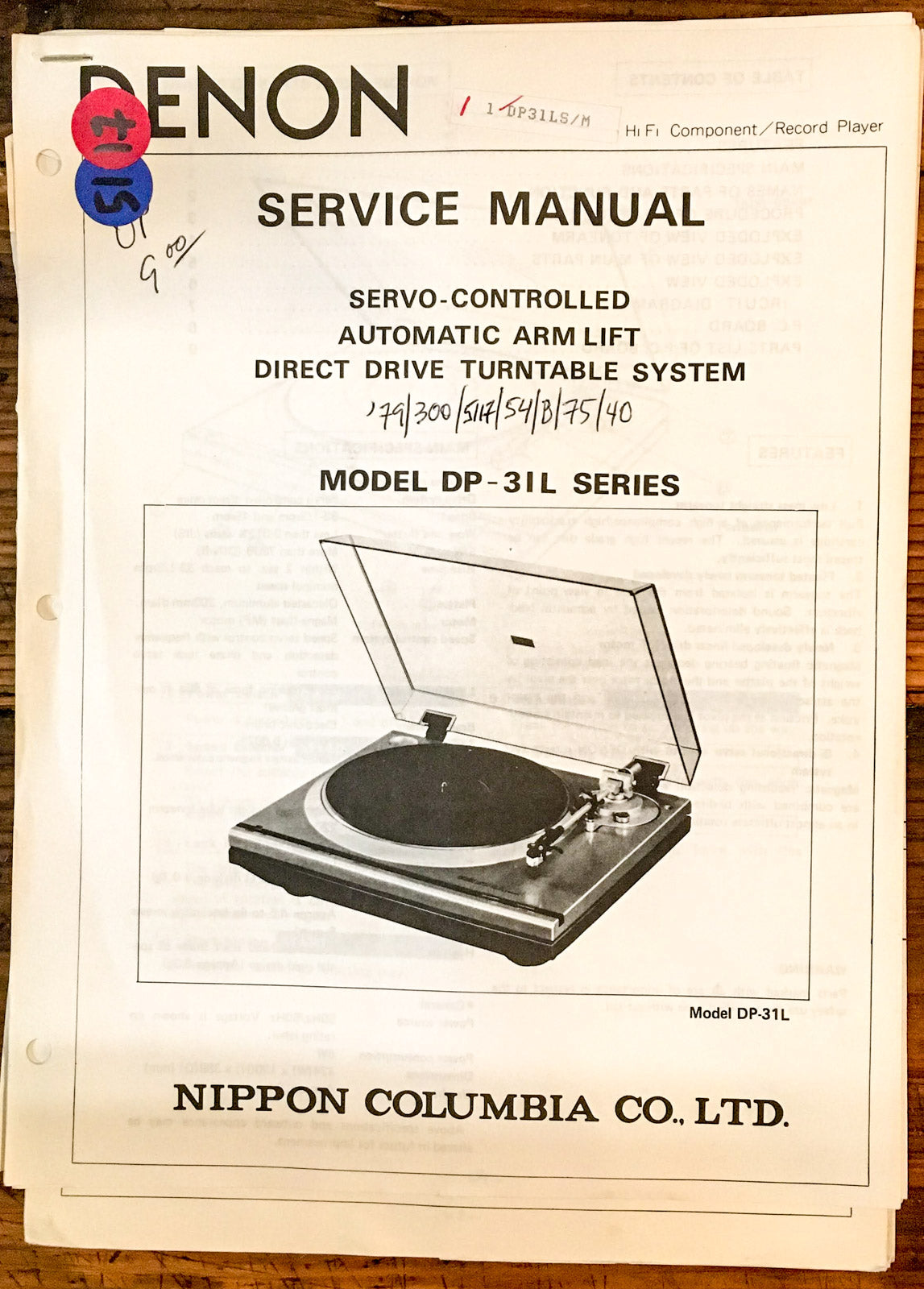 Denon DP-31L DP-31 L Record Player / Turntable  Service Manual *Original* #1