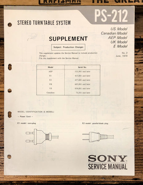 Sony PS-212 Record Player / Turntable Supp. Service Manual *Original*